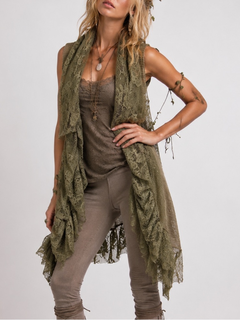 BKE Boutique Sleeveless Knit/Lace Longline Draped Cardigan Size XS Olive Green